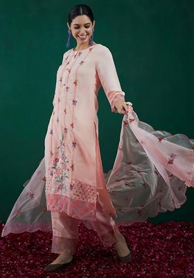 Peach Embroidered Polyester Salwar Kameez With Dupatta