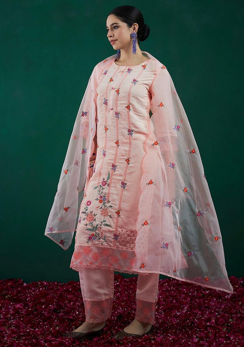 Peach Embroidered Polyester Salwar Kameez With Dupatta