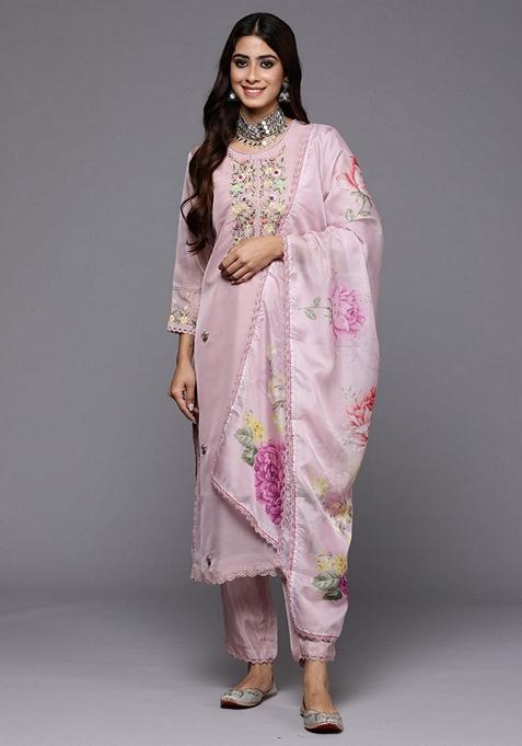 Brown Embroidered Organza Salwar Kameez With Dupatta