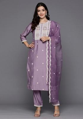 Lavender Embroidered Silk Blend Salwar Kameez With Dupatta