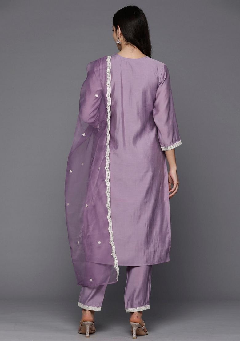 Lavender Embroidered Silk Blend Salwar Kameez With Dupatta