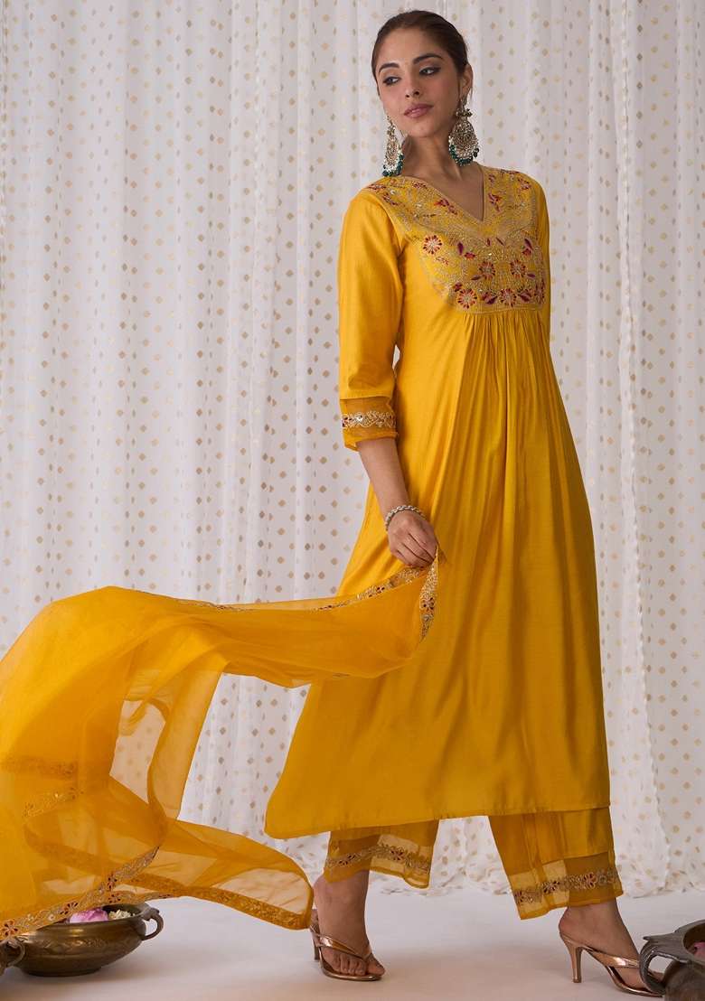 Yellow Embroidered Liva A Line Kurta Set - Indya