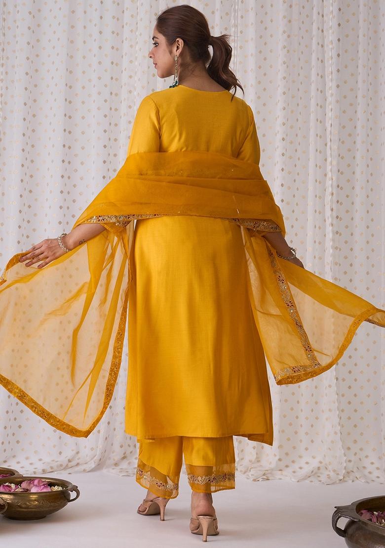 Yellow Embroidered Liva Palazzo Set With Dupatta