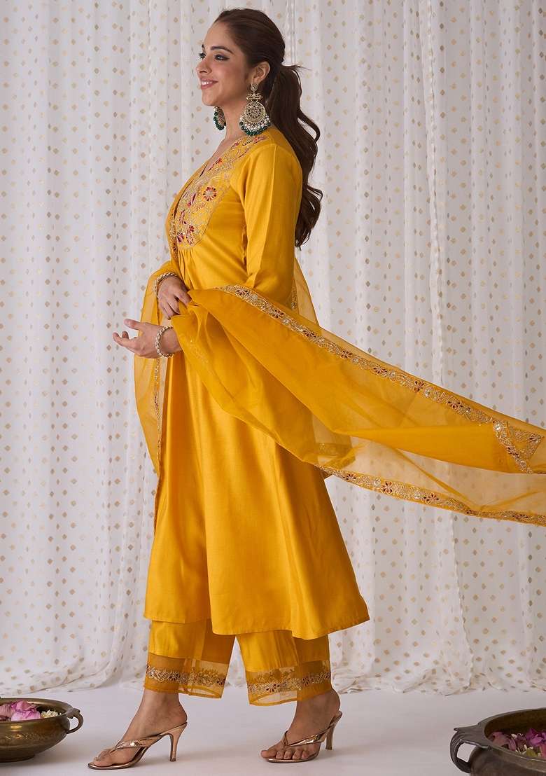 Yellow Embroidered Liva A Line Kurta Set - Indya