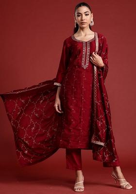 Maroon Embroidered Silk Blend Salwar Kameez With Dupatta