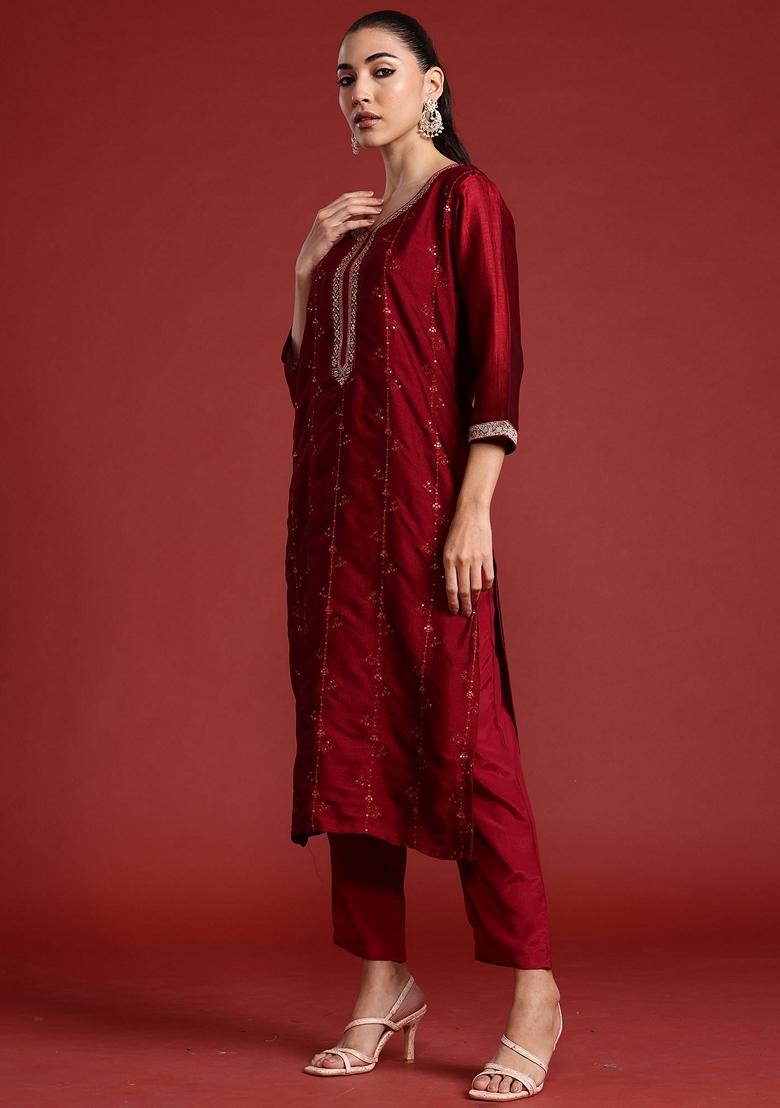 Maroon Embroidered Silk Blend Salwar Kameez With Dupatta