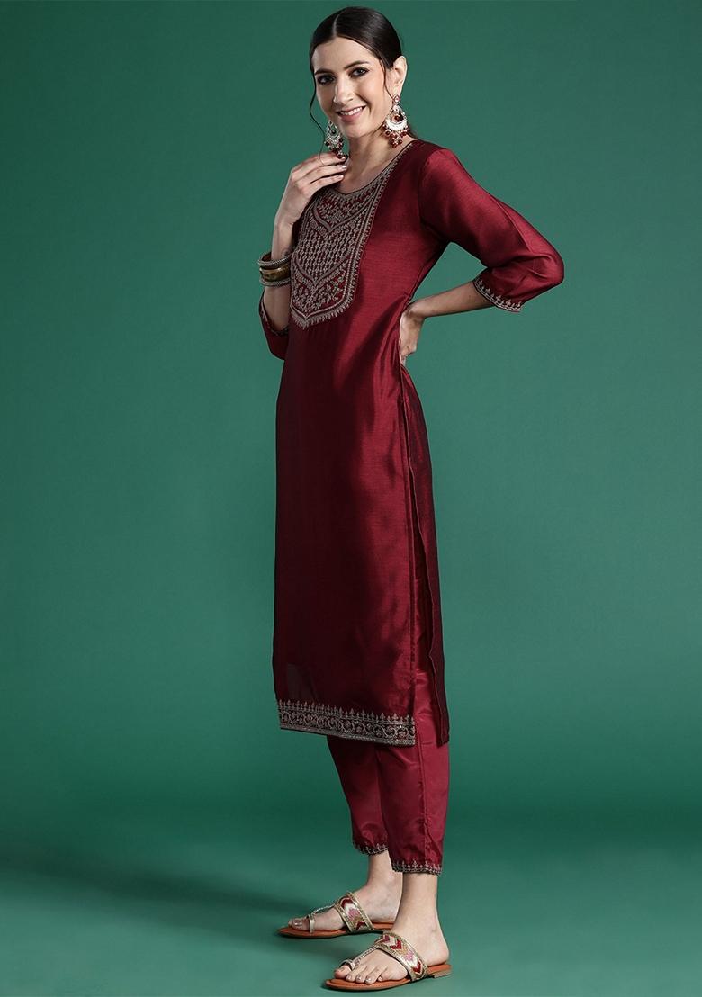Maroon Embroidered Silk Blend Salwar Kameez With Dupatta