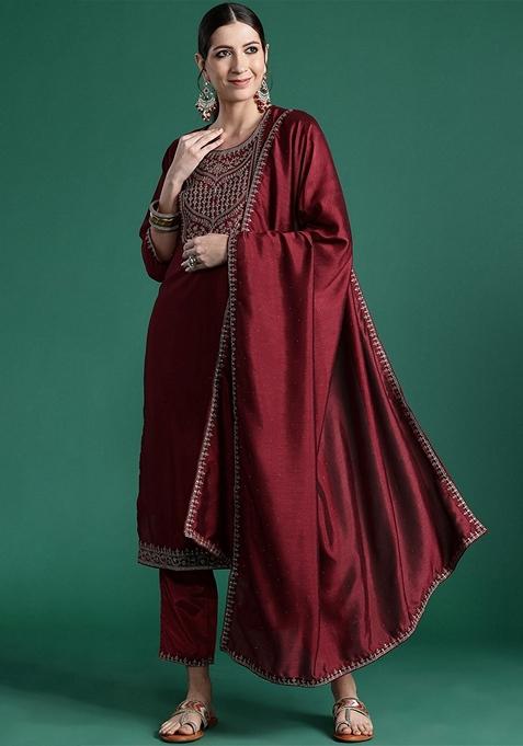 Maroon Embroidered Silk Blend Salwar Kameez With Dupatta