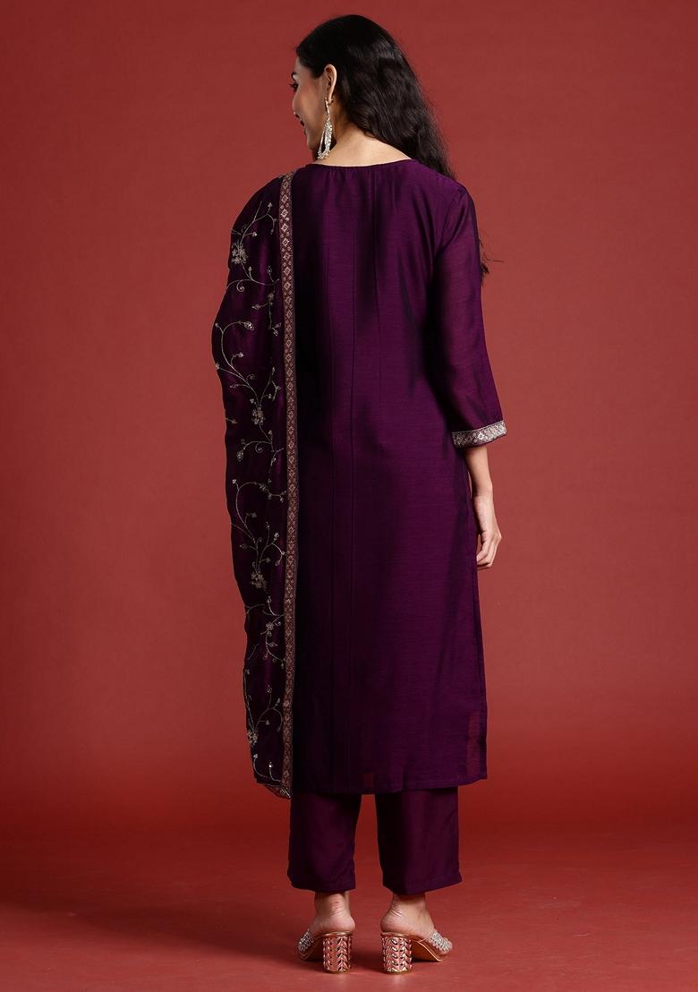 Purple Embroidered Silk Blend Salwar Kameez With Dupatta