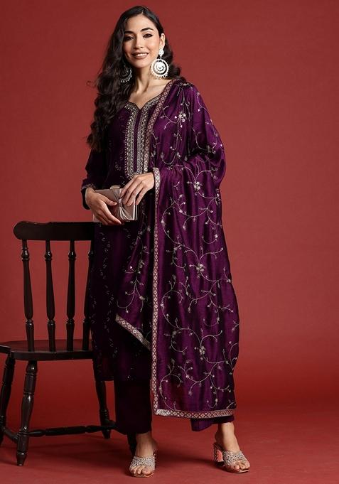 Purple Embroidered Silk Blend Salwar Kameez With Dupatta