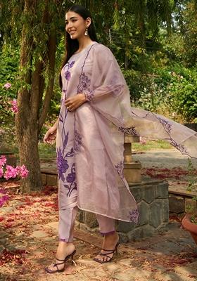 Purple Embroidered Silk Blend Salwar Kameez With Dupatta