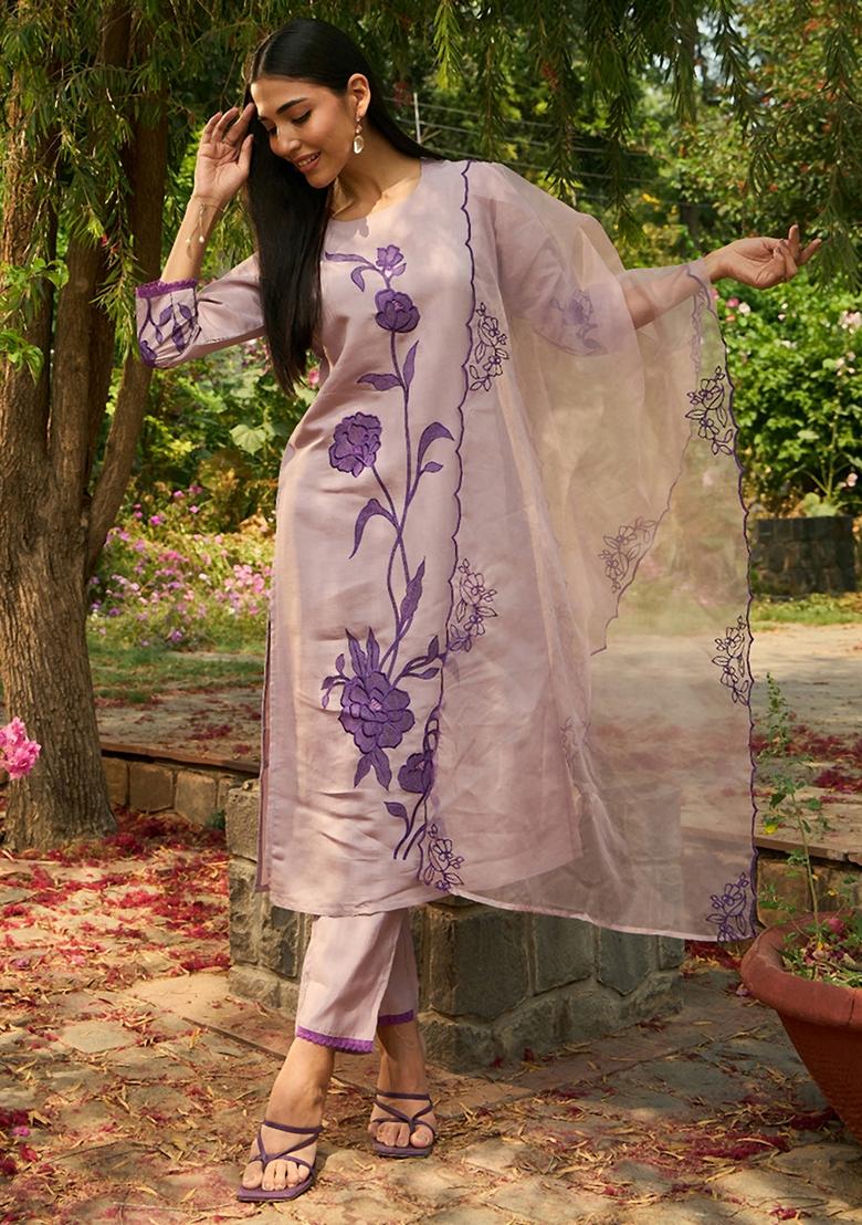 Purple Embroidered Silk Blend Salwar Kameez With Dupatta