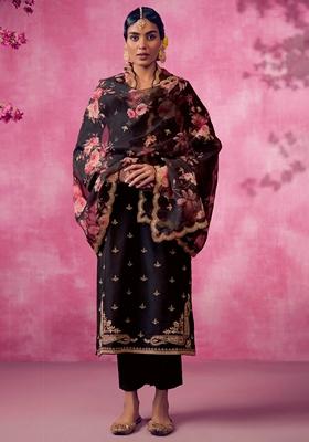 Black Embroidered Silk Blend Salwar Kameez With Dupatta
