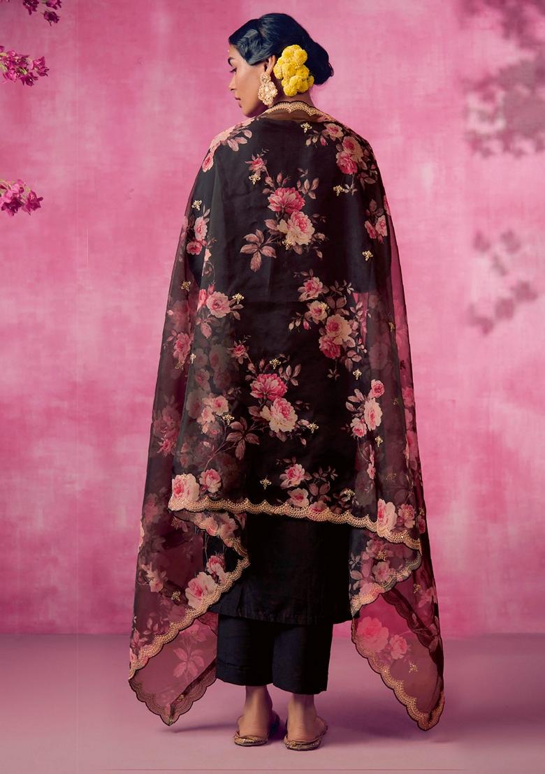 Black Embroidered Silk Blend Salwar Kameez With Dupatta
