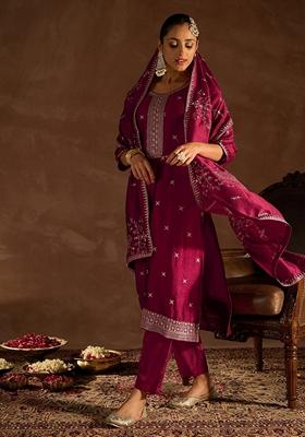 Maroon Embroidered Silk Blend Salwar Kameez With Dupatta