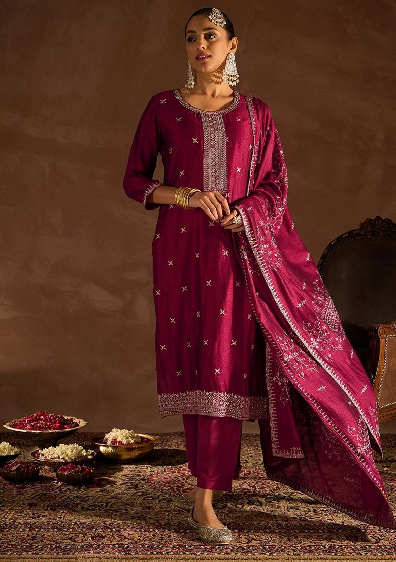 Maroon Embroidered Silk Blend Salwar Kameez With Dupatta