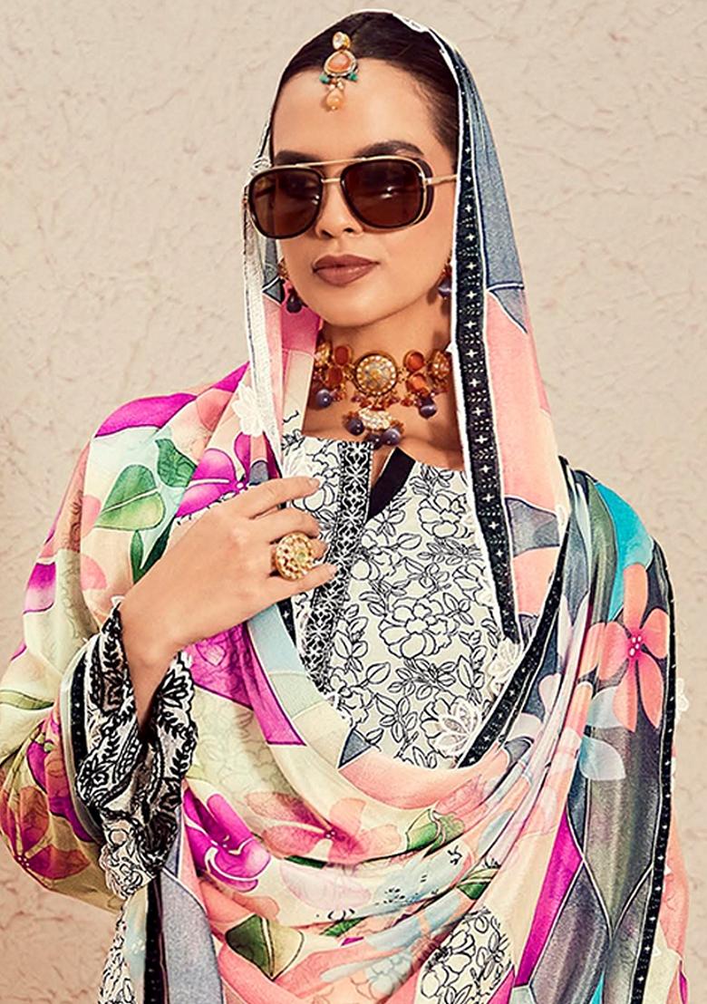 Off White Printed Cotton Blend Salwar Kameez With Dupatta