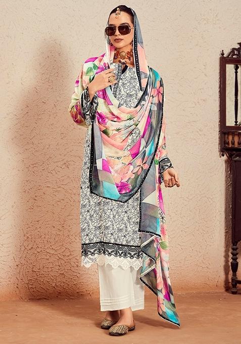 Off White Printed Cotton Blend Salwar Kameez With Dupatta
