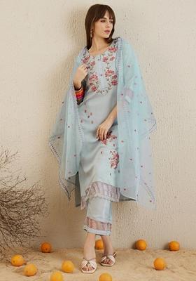 Blue Embroidered Silk Blend Salwar Kameez With Dupatta