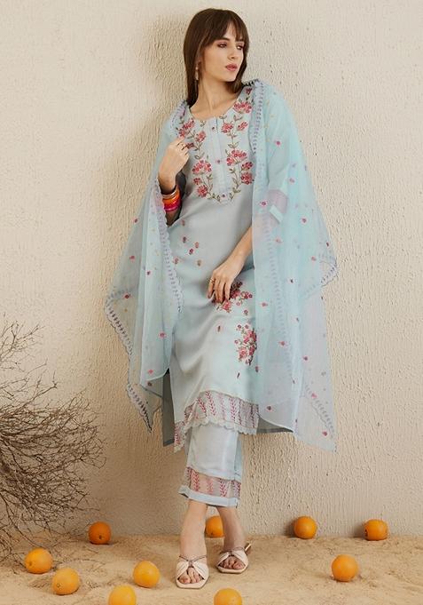 Blue Embroidered Silk Blend Salwar Kameez With Dupatta