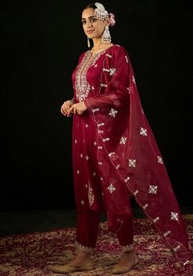 Maroon Embroidered Silk Blend Salwar Kameez With Dupatta