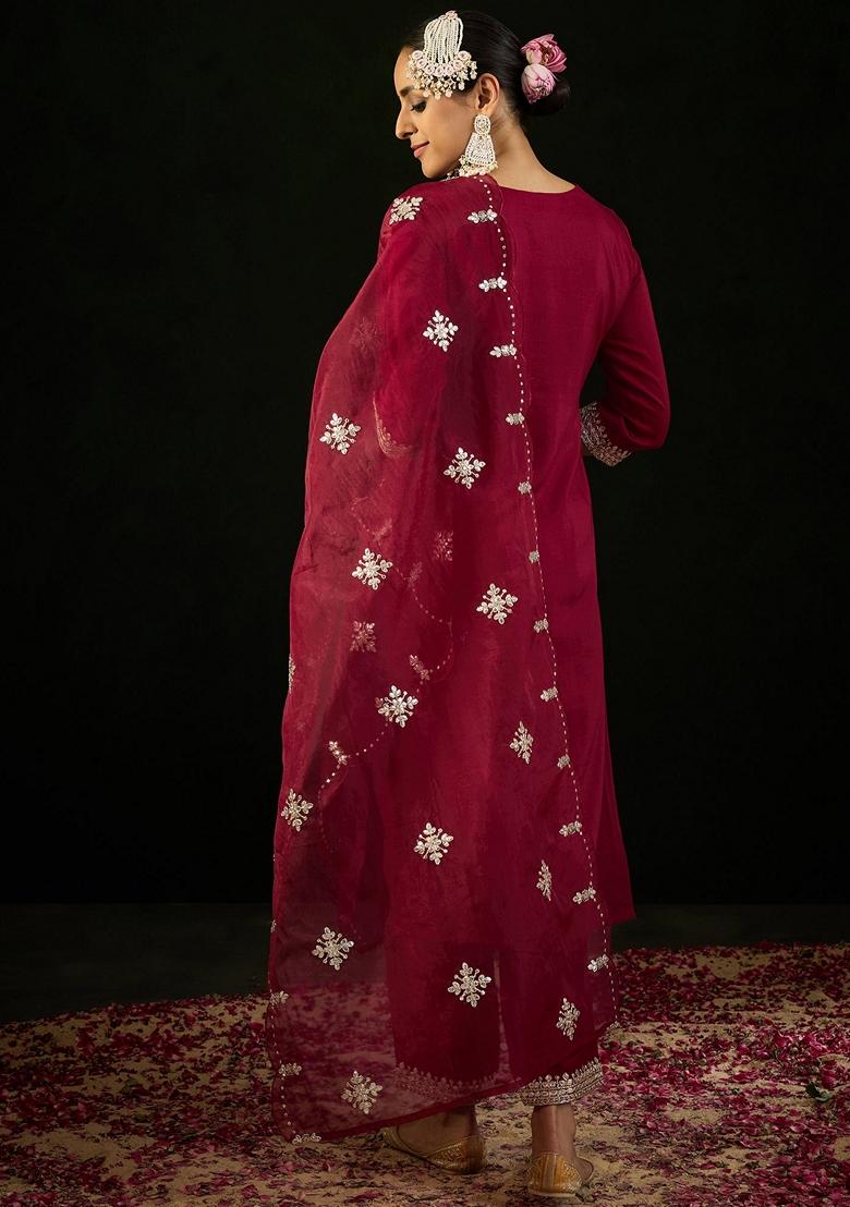 Maroon Embroidered Silk Blend Salwar Kameez With Dupatta