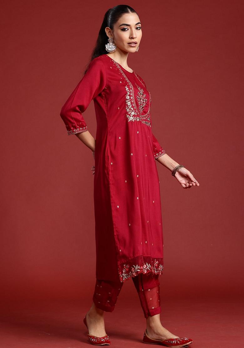 Maroon Embroidered Silk Blend Salwar Kameez With Dupatta