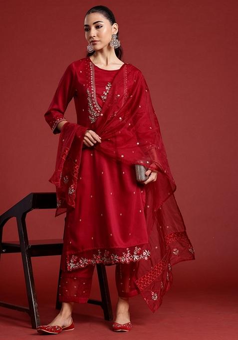 Maroon Embroidered Silk Blend Salwar Kameez With Dupatta