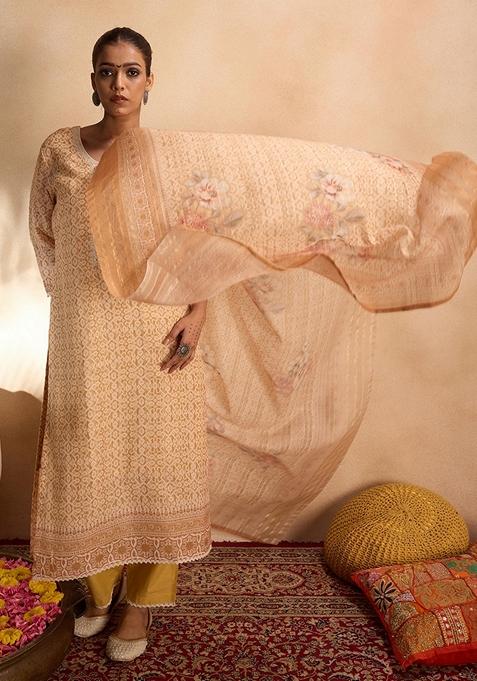 Mustard Yellow Printed Linen Salwar Kameez With Dupatta