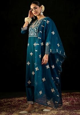 Teal Blue Embroidered Silk Blend Salwar Kameez With Dupatta