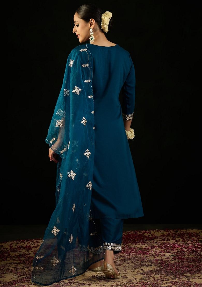 Teal Blue Embroidered Silk Blend Salwar Kameez With Dupatta
