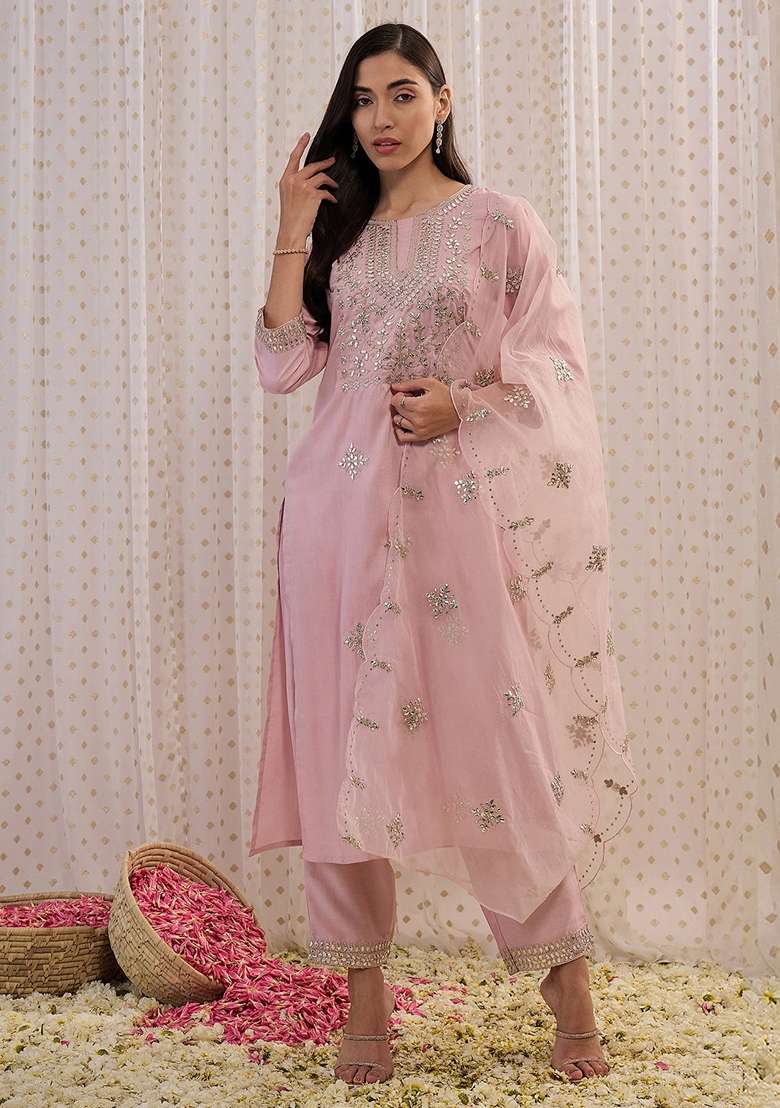 Pink Embroidered Blended Straight Kurta Set - Indya