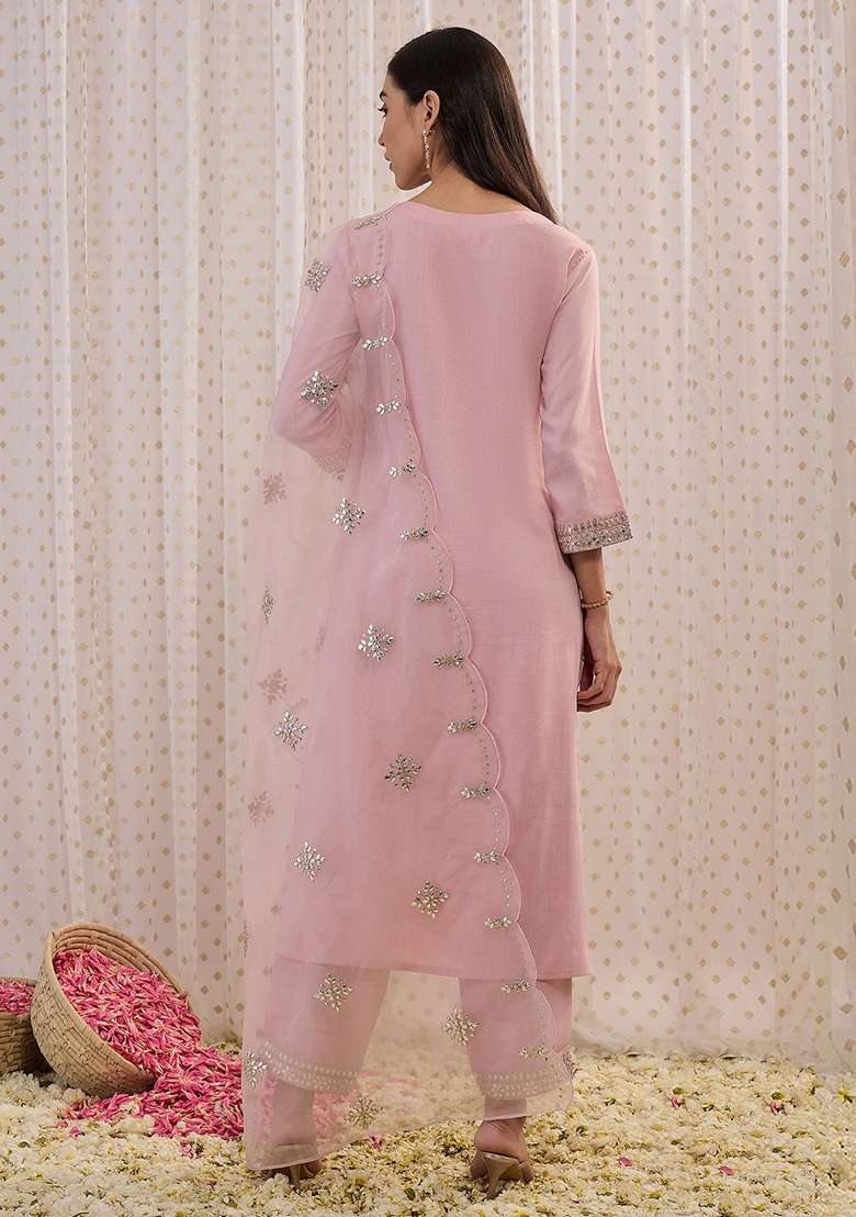 Pink Embroidered Blended Straight Kurta Set - Indya
