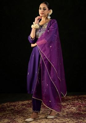 Purple Embroidered Silk Blend Salwar Kameez With Dupatta