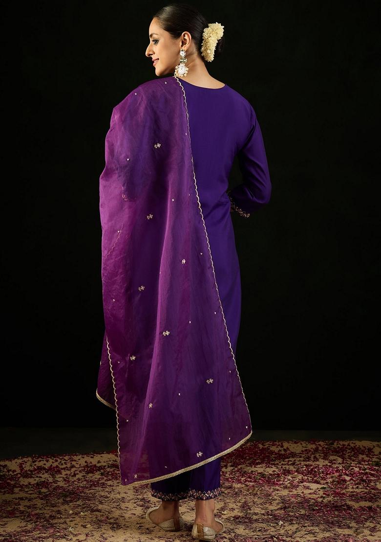Purple Embroidered Silk Blend Salwar Kameez With Dupatta