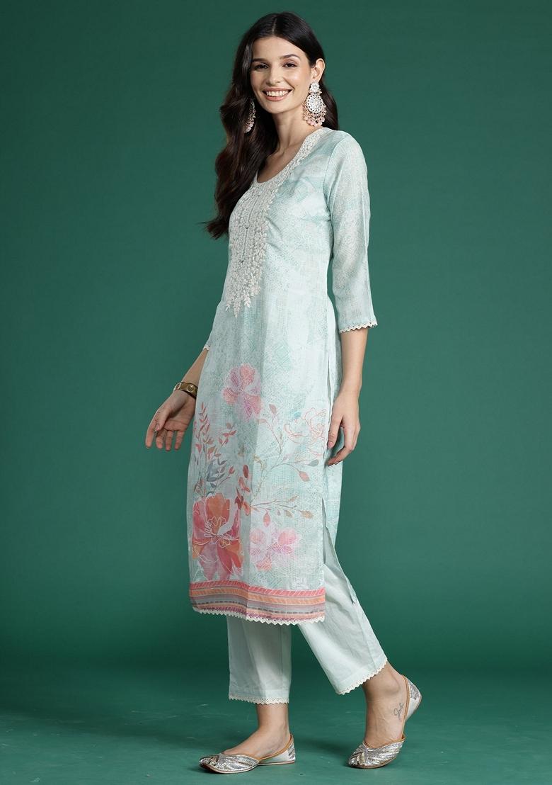 Sea Green Printed Cotton Blend Salwar Kameez With Dupatta