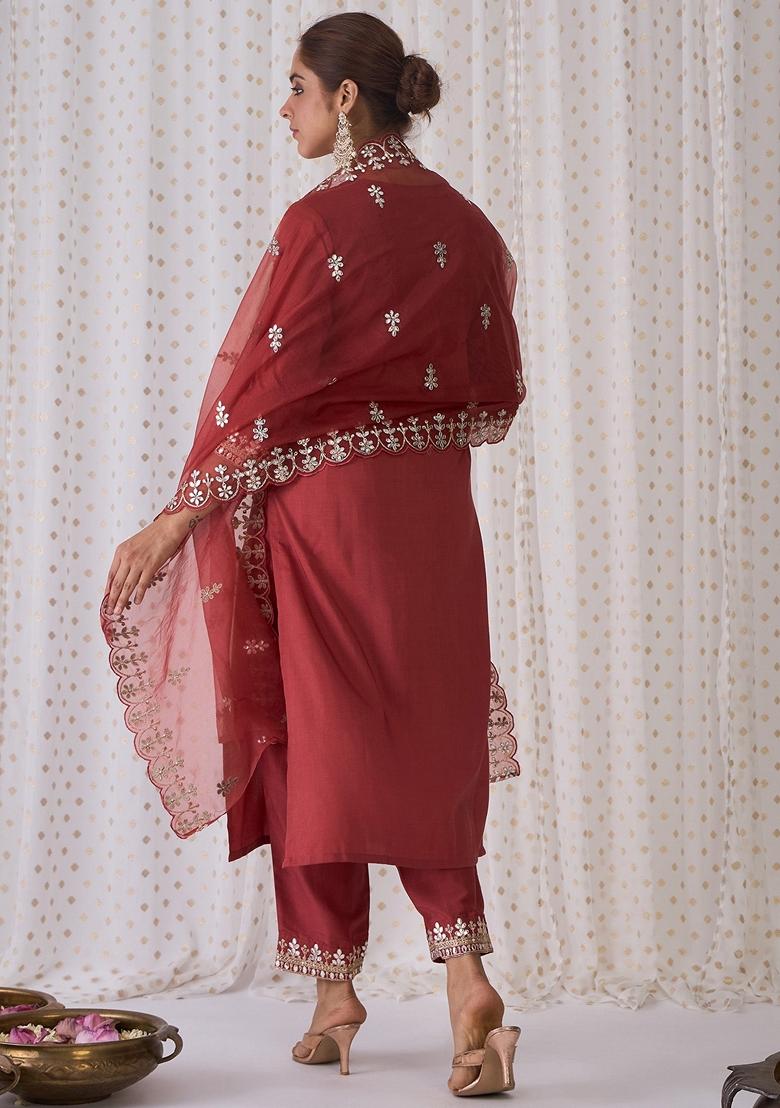Rust Brown Embroidered Silk Blend Salwar Kameez With Dupatta