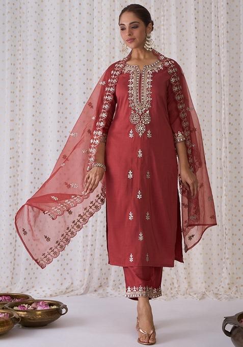 Rust Brown Embroidered Silk Blend Salwar Kameez With Dupatta