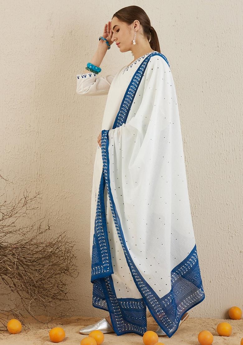 Off White Embroidered Pure Cotton Salwar Kameez With Dupatta