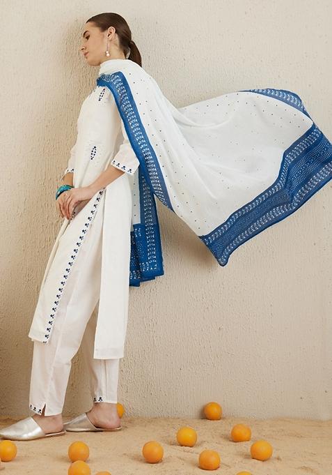 Off White Embroidered Pure Cotton Salwar Kameez With Dupatta