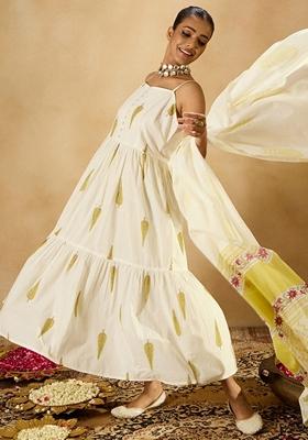 White Printed Pure Cotton Salwar Kameez With Dupatta