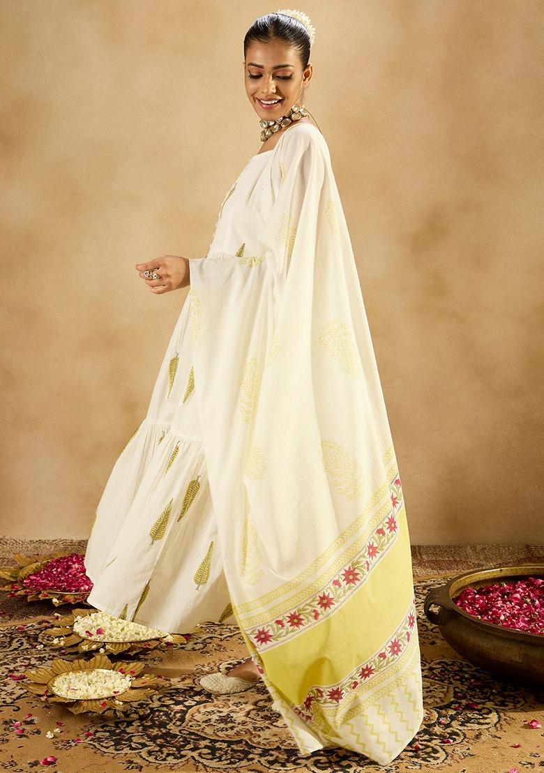 White Printed Pure Cotton Salwar Kameez With Dupatta