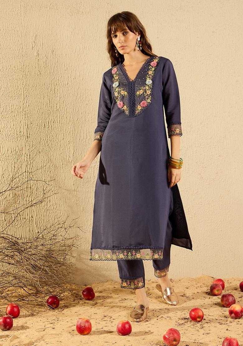 Grey Embroidered Silk Blend Salwar Kameez With Dupatta
