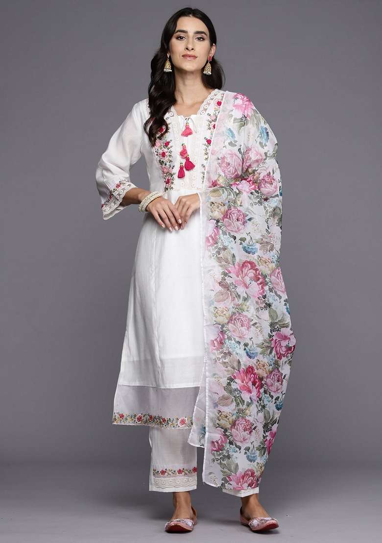 White Embroidered Blended A Line Kurta Set - Indya