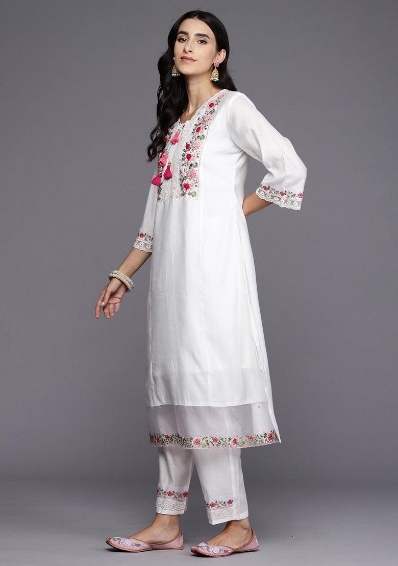 White Embroidered Silk Blend Salwar Kameez With Dupatta