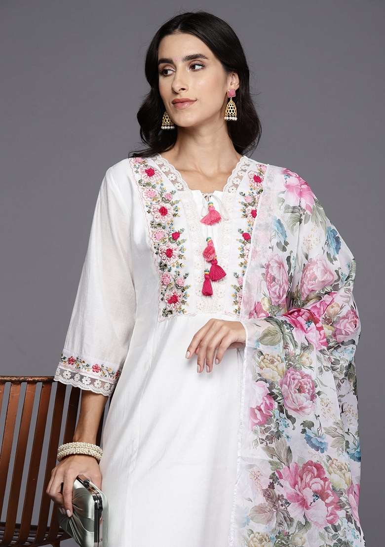 White Embroidered Blended A Line Kurta Set - Indya