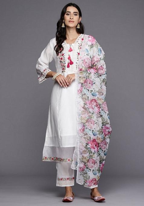 White Embroidered Silk Blend Salwar Kameez With Dupatta
