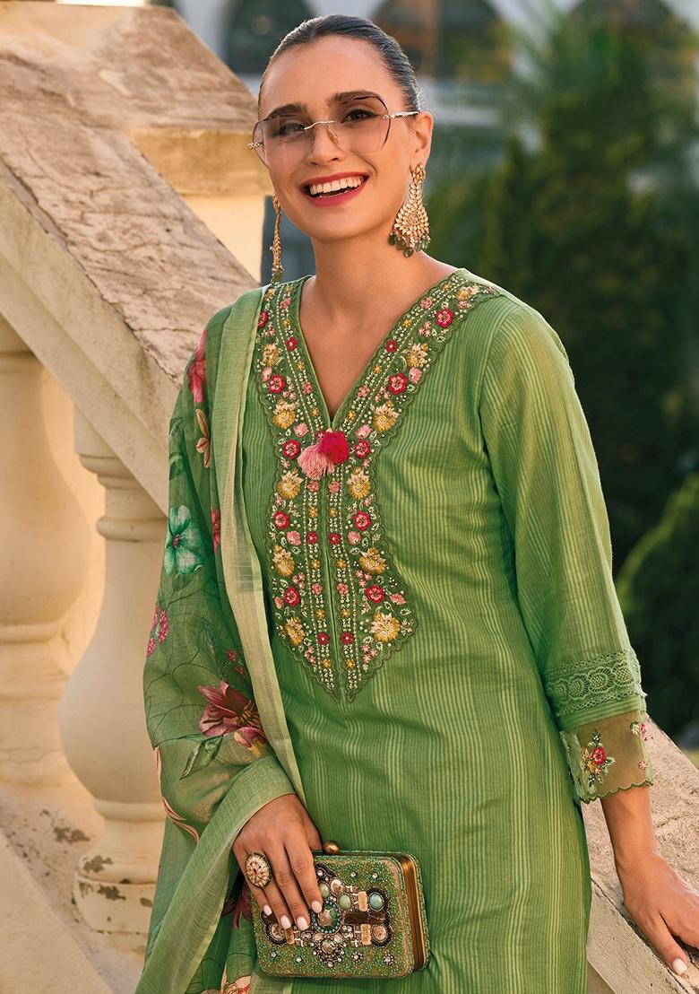 Green Embroidered Pure Cotton Salwar Kameez With Dupatta