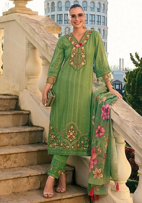 Green Embroidered Pure Cotton Salwar Kameez With Dupatta