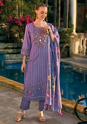 Purple Embroidered Pure Cotton Salwar Kameez With Dupatta